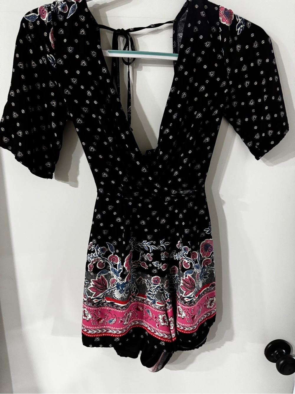 Blue Rain Black Floral Tie-Back Romper with Pink Border